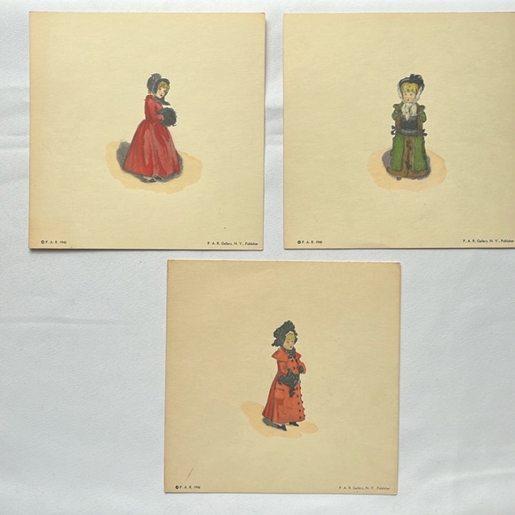 Kate Greenaway / 3 Prints / 6x6 / 
Vintage/ Girl in Red Dress x 2 / Green Dresse - Picture 1 of 6
